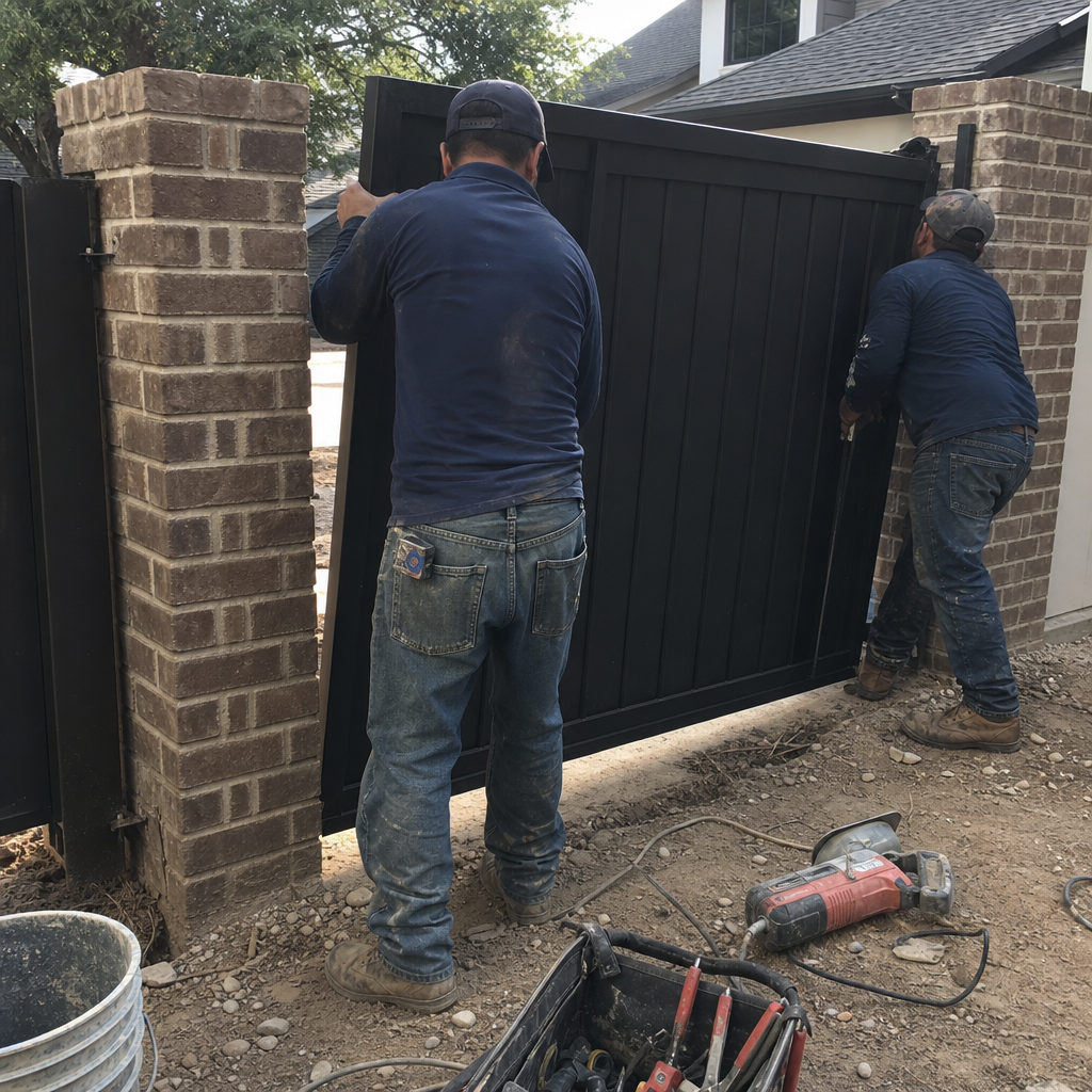 Two professional contractors installing a large modern black metal gate