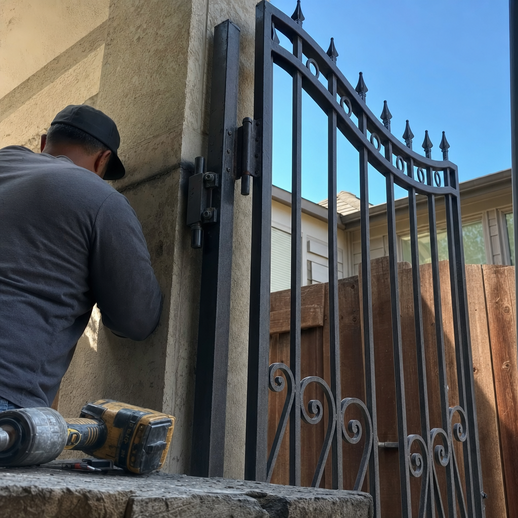 Professional technician installing a black metal gate on a stone pillar