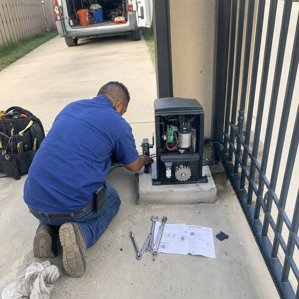 Technician performing professional gate motor and operator repair service
